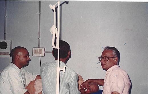 Sw Muktananda Br Ashish Dr S K Yadav Narayan Babu during Endoscopic  1986